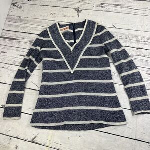 Vintage 70s Kappi Sweater V Neck Zip Back Metallic Silver Thread Navy Blue White
